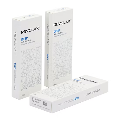 Gel liscio ed elastico, consistenza Revolax Dermal Filler Fine Deep Sub-Q, gel iniettabile. Conservare a 2-25°C. Ideale per il ripristino del volume del viso.